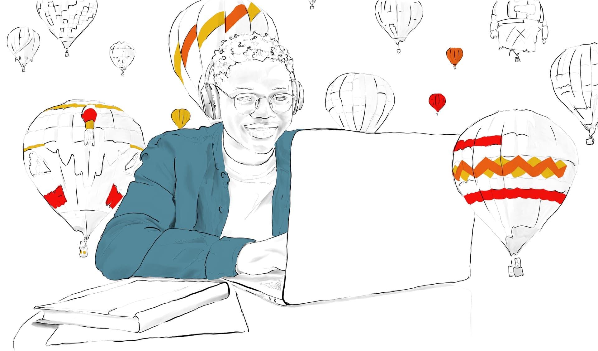 Illustration of a learner at a laptop surrounded by hot-air balloons